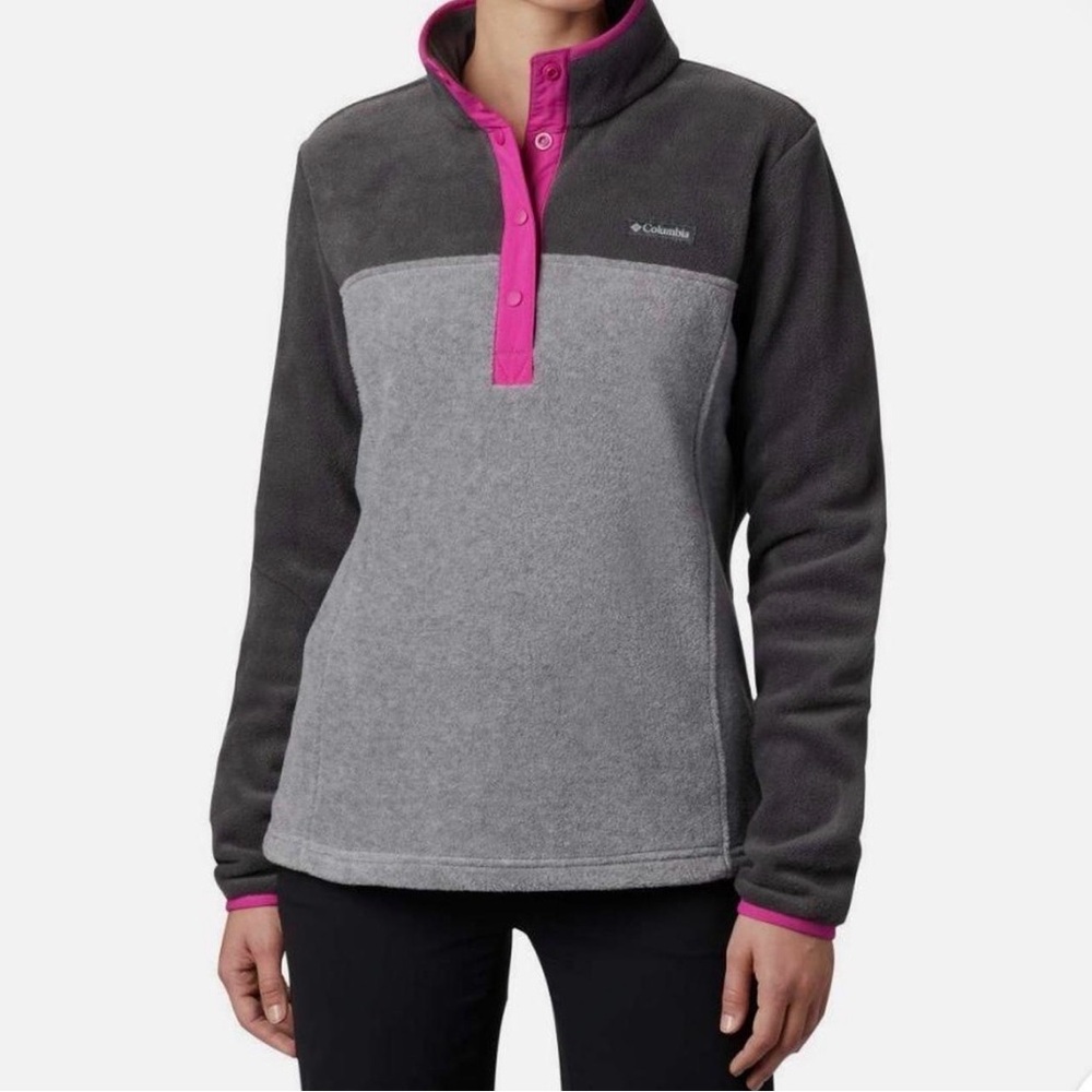 Columbia Dark Gray & Light Gray Fleece Pullover with Pink Trim